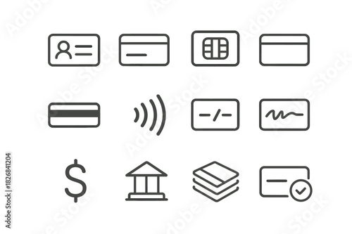Minimalist Credit Card Icons. Credit Card Design. Line icon set of Credit Card Design: cardholder name, credit card front, chip, credit card back, magnetic