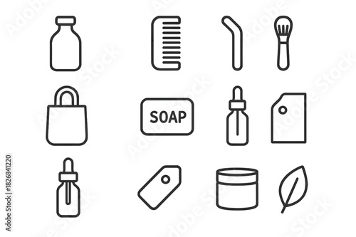 Eco Product Icons. Eco product design. Line icon set of eco product design: glass bottle, wooden comb, metal straw, cloth bag, soap bar, bamboo brush, dropper