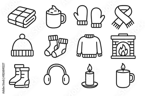Winter Comfort Icons. Winter Lap Comfort. Line icon set of Winter Lap Comfort: blanket, hot water bottle, warm socks, mittens, scarf, hat, slippers, coffee,