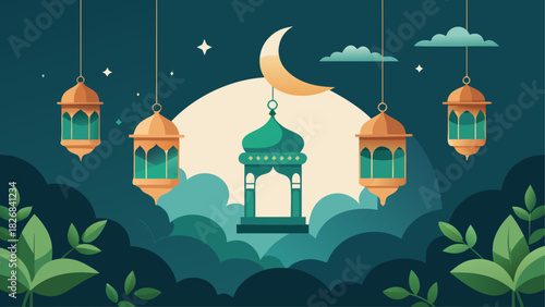 Illustration of lanterns with moon and stars art