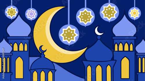 Illustration of mosque with moon and star lanterns