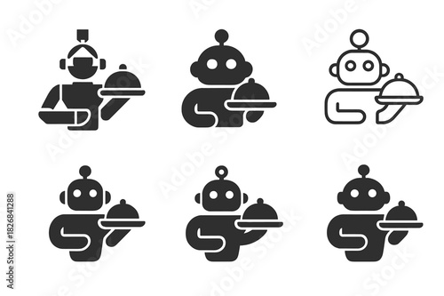 Home Robotics Logos. home robotics assistance. Icon set. Set Logo of home robotics assistance: helper bot with tray. harmonious logo variations of the same