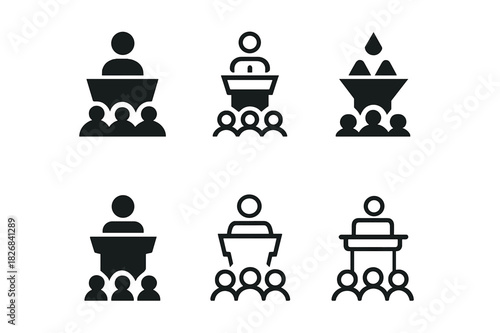 Tech Conference Icons. tech conference presentation. Icon set. Set Logo of tech conference presentation: presentation podium and audience icons. harmonious