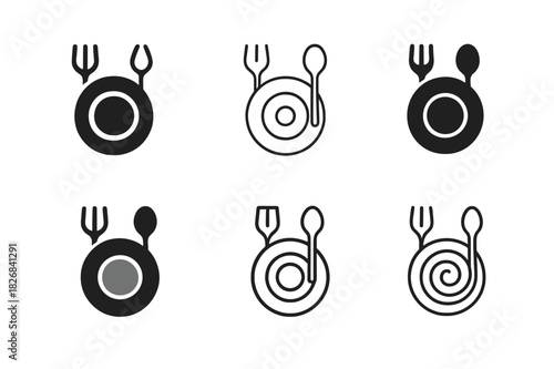 Mindful Eating Icons. mindful eating. Icon set. Set Logo of mindful eating: zen plate arrangement. harmonious logo variations of the same emblematic concept,