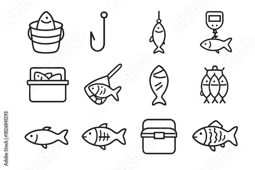 Fresh Catch Icons. Fresh catch. Line icon set of fresh catch: fish in bucket, fish hook, line with catch, weighing fish, ice box, fishing net with fish,