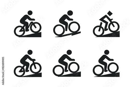 Cyclist Logo Variations. Person on bicycle. Icon set. Set Logo of person on bicycle: cyclist pedaling forward with dynamic motion lines. harmonious logo