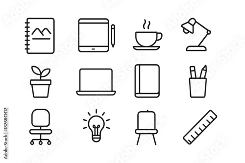 Creative Workspace Icons. Creative Workspace. Line icon set of Creative Workspace: sketchbook, tablet, pencil, coffee cup, desk lamp, plant, laptop, notebook,