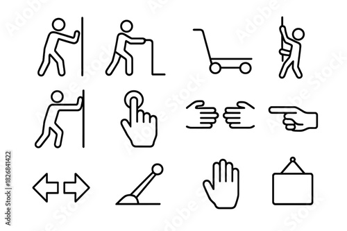 Push Pull Icons. Push and pull. Line icon set of push and pull: push door, pull handle, push cart, pull rope, push wall, push button, push bar, hand gesture,