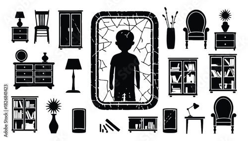Black and white furniture silhouettes with a boy in a broken mirror