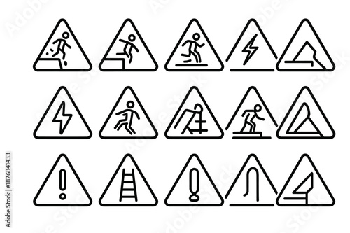Height Warning Icons. Height warning signs. Line icon set of height warning signs: cliff warning, falling hazard, steep drop, high voltage, slippery ledge,