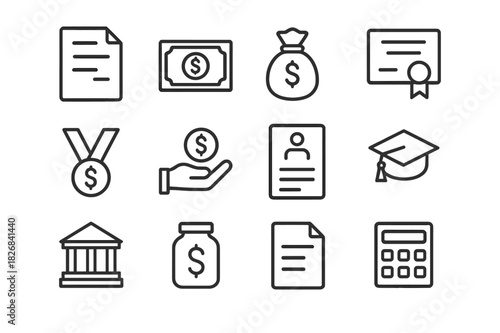 Scholarship Icons Set. Scholarships and funding. Line icon set of scholarships and funding: grant, stipend, money bag, award certificate, medal, donation,