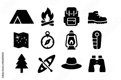Outdoor Adventure Icons. Outdoor Adventure. Solid icon set of tent, campfire, backpack, hiking boots, map, compass, lantern, sleeping bag, tree, canoe, hat,