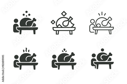 Thanksgiving Logos Collection. sharing a Thanksgiving meal. Icon set. Set Logo of sharing a Thanksgiving meal: turkey centerpiece on dining table. harmonious