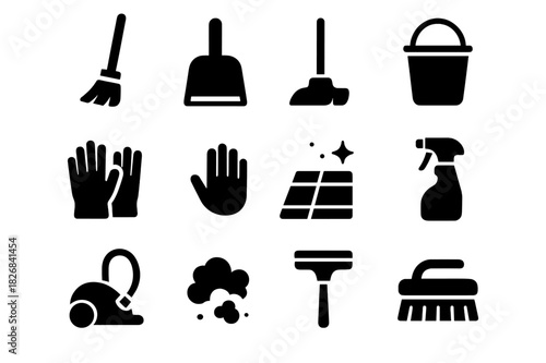 Cleaning Tools Icons. Floor hygiene. Solid icon set of Floor hygiene: broom, dustpan, mop, bucket, gloves, hand icon, floor, cleaning spray, vacuum, dust
