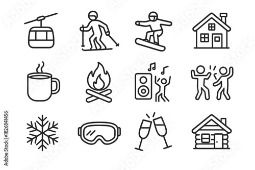 Ski Resort Icons. Ski Resort Celebration. Line icon set of Ski Resort Celebration: ski lift, skier with poles, snowboarder, mountain lodge, hot cocoa mug,