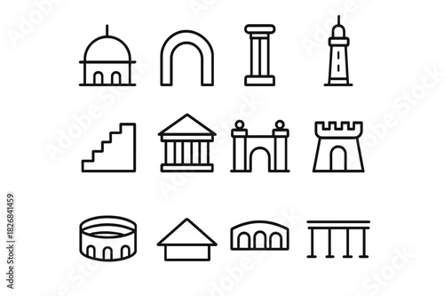 Architectural Line Icon Set. Architectural wonders. Line icon set of architectural wonders: dome, arch, pillar, tower, staircase, temple, gate, fortress,