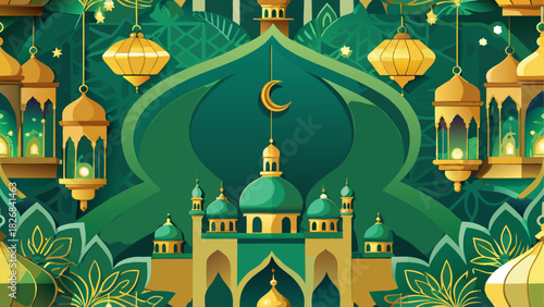 Illustration of mosque with lanterns and crescent