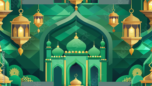 Illustration of a mosque with hanging lanterns