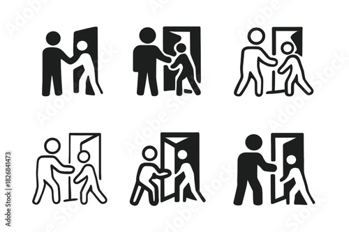 Holding Door Logos. holding the door open. Icon set. Set Logo of holding the door open: person assisting another. harmonious logo variations of the same