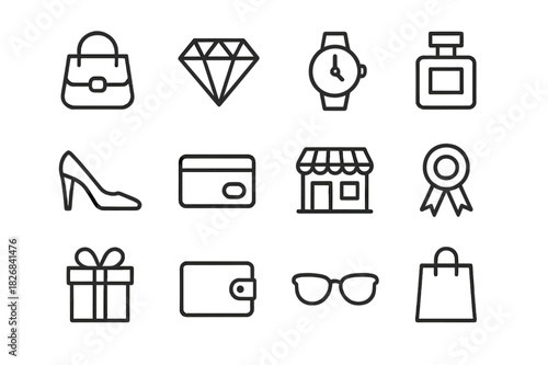 Luxury Shopping Icons. Luxury shopping. Line icon set of luxury shopping: handbag, diamond, watch, perfume, high heel, credit card, boutique, ribbon, gift box,