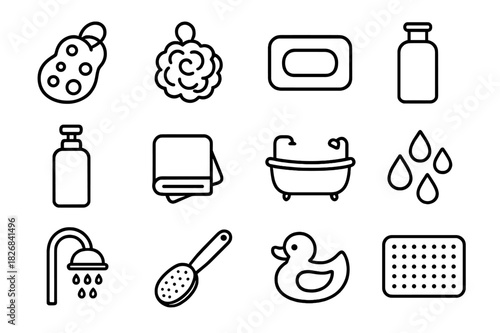 Bath Essentials Icons. Bath sponge. Line icon set of Bath sponge: bath sponge, loofah, soap bar, shower gel bottle, shampoo bottle, bath towel, bathtub, water