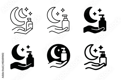 Night Skincare Logos. Creating a night-time skincare routine. Icon set. Set Logo of skincare: step-by-step beauty ritual. harmonious logo variations of the
