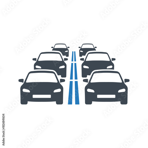 Two lanes of heavy car traffic jam icon. Heavy traffic jam icon