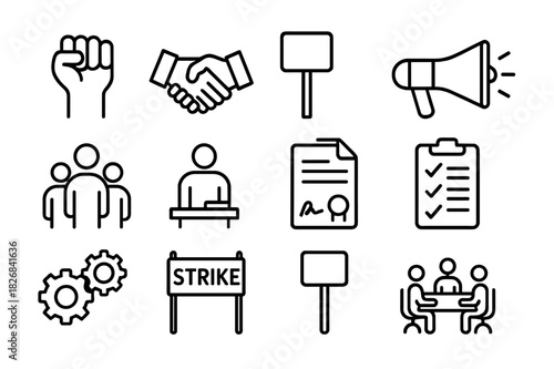 Union Icons Set. Union Leaders. Line icon set of Union Leaders: raised fist, handshake, protest sign, megaphone, group of people, contract, factory building,