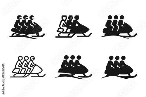 Snowmobile Icon Set. people riding snowmobiles across snowy fields. Icon set. Set Logo of people riding snowmobiles across snowy fields: group of riders.