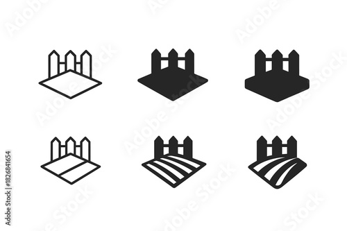 Landowner Icon Set. Landowner. Icon set. Set Logo of landowner: plot of land with fence. harmonious logo variations of the same emblematic concept, each with