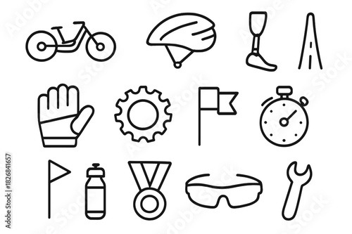 Adaptive Cycling Icons. Adaptive cycling. Line icon set of adaptive cycling: handcycle, helmet, prosthetic leg, glove, gear, road line, flag, stopwatch,