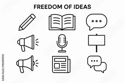 Freedom of Expression Icons. Freedom of Ideas. Line icon set of Freedom of Ideas: pencil, open book, speech bubble, megaphone, microphone, protest sign,