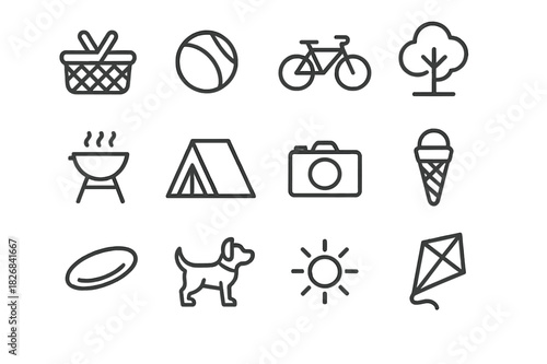Family Weekend Icon Set. Weekend family activities. Line icon set of weekend family activities: picnic basket, ball, bicycle, park tree, barbecue grill, tent,