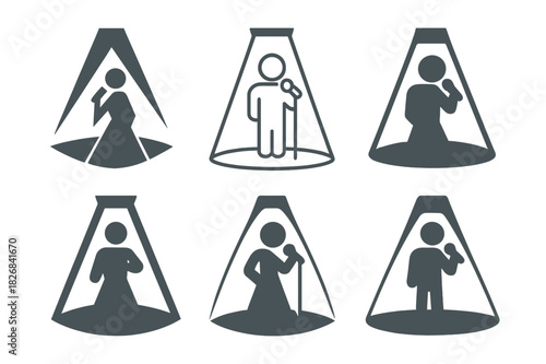 Singer Logo Variations. Singing for TV shows and live performances. Icon set. Set Logo of singing for TV shows and live performances: spotlighted singer