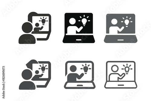 Creative Home Project Icons. Working on a creative project from home. Icon set. Set Logo of working on a creative project from home: Person presenting ideas