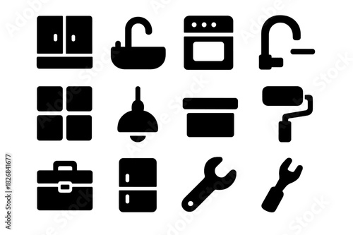 Kitchen Renovation Icons. Kitchen renovation. Solid icon set of kitchen renovation: cabinet, sink, stove, faucet, tile, light fixture, countertop, paint