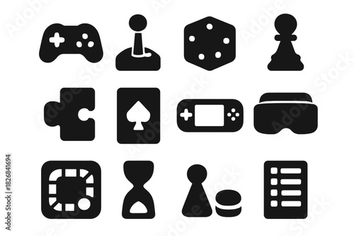 Gaming Icons Grid. Fun & Games. Solid icon set of game controller, joystick, dice, chess piece, puzzle piece, playing card, console, VR headset, board game,