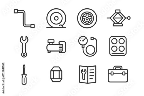Automobile Repair Icons. Automobile Repair Kit. Line icon set of Automobile Repair Kit: tire iron, flat tire, spare tire, jack, wrench, tire inflator, air