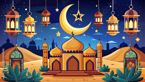 Illustration of a mosque with moon and lanterns