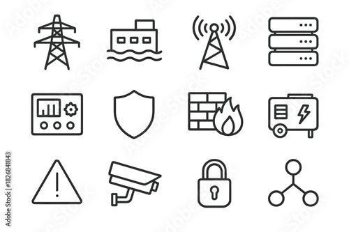 Resilient Infrastructure Icons. Resilient Infrastructure. Line icon set of Resilient Infrastructure: power grid, water plant, communication tower, server,