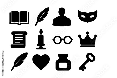 Classic Book Symbols. Book Characters. Solid icon set of Book Characters: open book, quill, hero silhouette, villain mask, scroll, candle, glasses, crown,