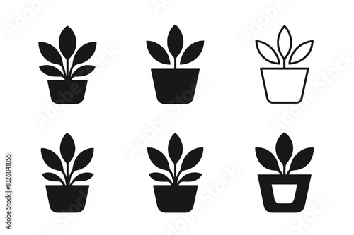 Minimalist Plant Logos. Potted plant. Icon set. Set Logo of potted plant: minimalist pot silhouette. harmonious logo variations of the same emblematic concept,