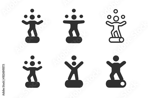 Juggling Balance Icon Set. Learning juggling or balance tricks. Icon set. Set Logo of learning juggling or balance tricks: person balancing on a rolling