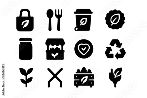 Eco-Friendly Icons. Eco-friendly food. Solid icon set of eco-friendly food: reusable bag, bamboo utensils, compost bin, organic label, glass jar, farmers