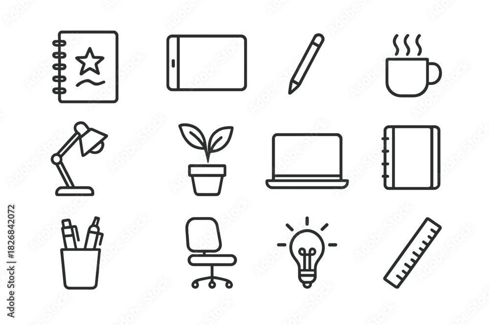 Obraz premium Creative Workspace Icons. Creative Workspace. Line icon set of Creative Workspace: sketchbook, tablet, pencil, coffee cup, desk lamp, plant, laptop, notebook,