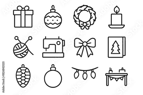 Craft Fair Icons. Holiday craft fairs. Line icon set of Holiday craft fairs: gift box, handmade ornament, wreath, candle, knitting needles, sewing machine,