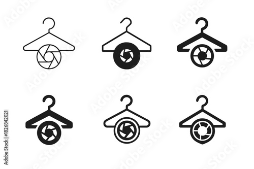 Cosplay Photography Logos. Cosplay photography studio. Icon set. Set Logo of cosplay photography: costume hanger with lens. harmonious logo variations of the