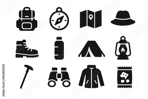 Essential Adventure Icons. Adventure essentials. Solid icon set of adventure essentials: backpack, compass, map, hat, hiking boots, water bottle, tent,