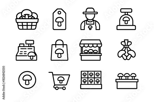 Mushroom Market Icons. Mushroom Market. Line icon set of Mushroom Market: mushroom basket, price tag, mushroom vendor, scales, cash register, shopping bag,