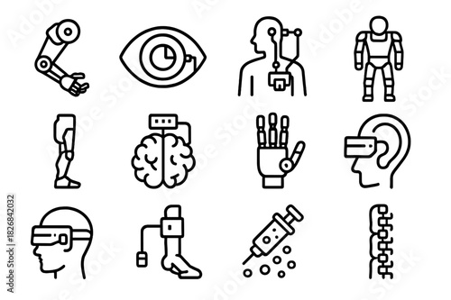 Cybernetic Icon Set. Cybernetic Enhancements. Line icon set of Cybernetic Enhancements: robotic arm, bionic eye, neural implant, exoskeleton suit, cybernetic